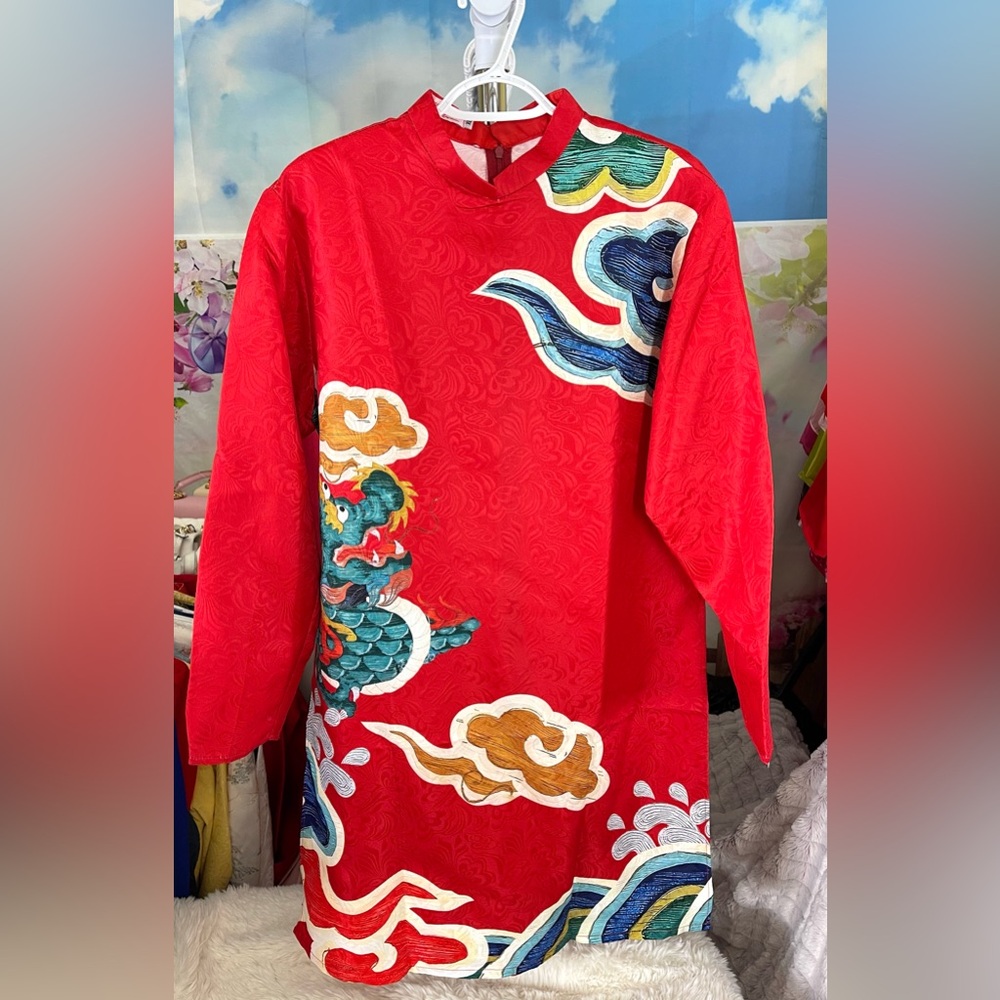 New ao dai cach tan nam gam, Vietnamese men’s contemporary long dress top xl red